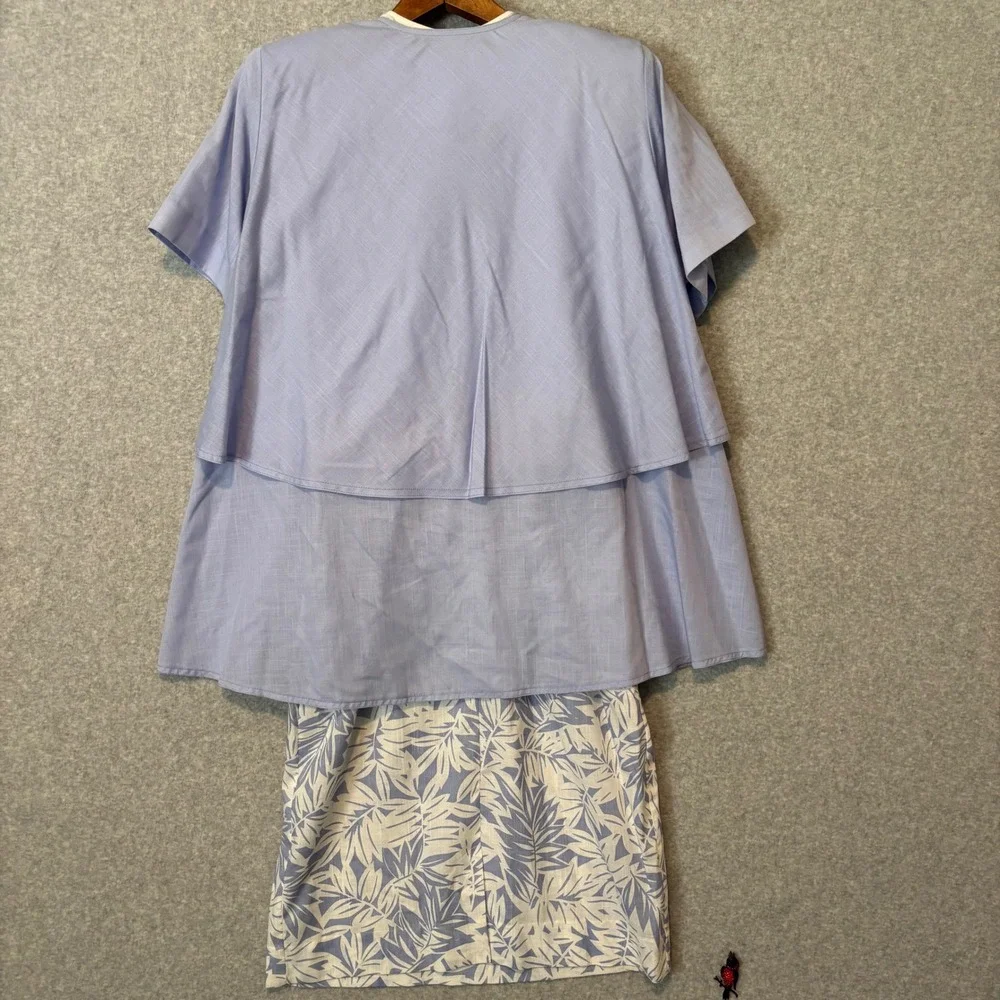 Vintage Leslie Fay Womens 12 2pc Tea Dress Set Blue White Tropical Palm Leaf 80s - Picture 7 of 14